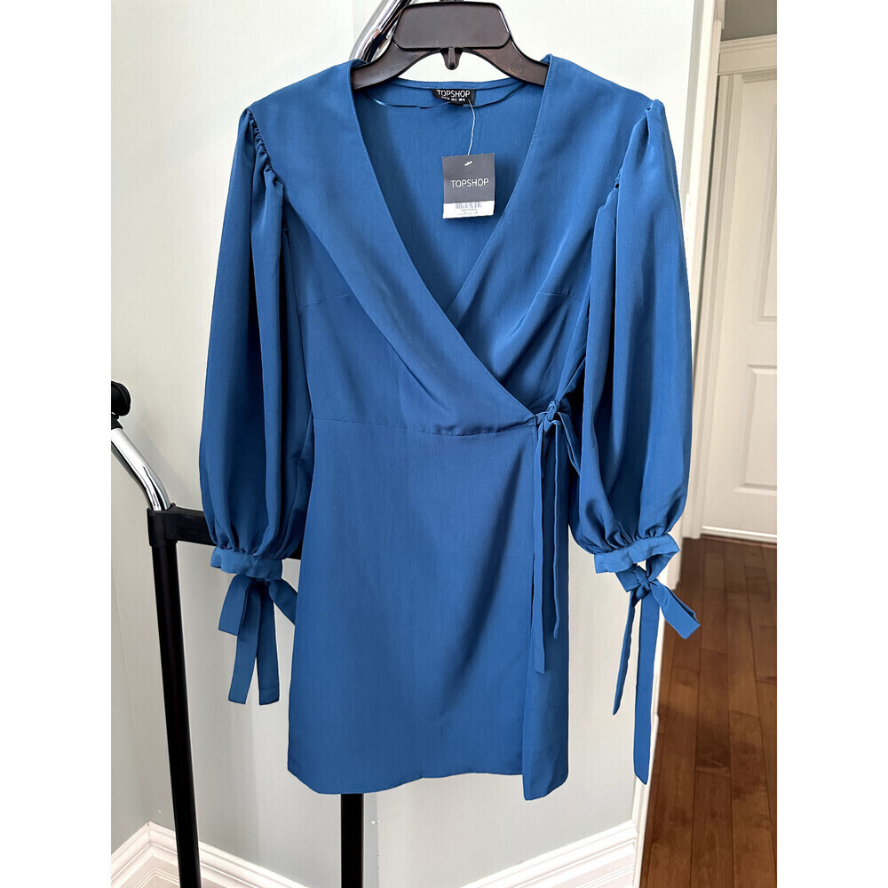 Topshop Women's Tie Cuff Wrap Neck Mini Dress In Blue Size 2